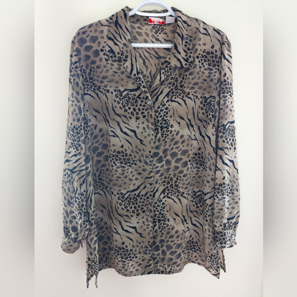Vintage Alia Animal Print Button Down Shirt Black Tan Size 14